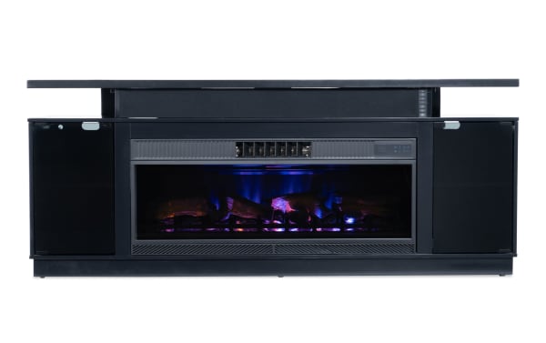 Glow 72" black contemporary electric fireplace and TV stand with metal frame, tempered glass top, CoolGlow® infrared quartz heat, and remote control.