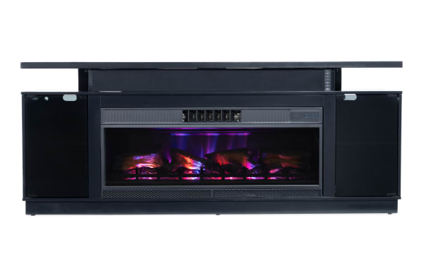Glow 72'' black contemporary electric fireplace and TV stand with metal frame, tempered glass top, CoolGlow® technology, and remote control.