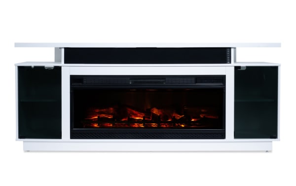 Glow 72'' white contemporary electric fireplace and TV stand with metal frame, tempered glass cabinets, and CoolGlow® 2-in-1 fireplace and fan.