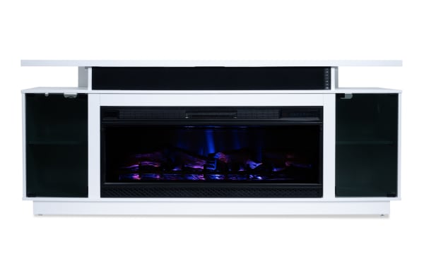 Glow 72'' white contemporary electric fireplace and TV stand with metal frame, tempered glass doors, CoolGlow® tech, and remote control.
