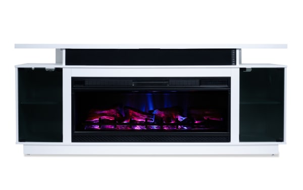 Glow 72'' white electric fireplace and TV stand in contemporary style, featuring metal frame, tempered glass doors, CoolGlow® technology, and remote control for adjustable heat and fan settings.