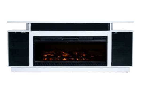 Glow 72'' white contemporary electric fireplace and TV stand with metal frame, tempered glass doors, and built-in infrared quartz heater and oscillating fan.