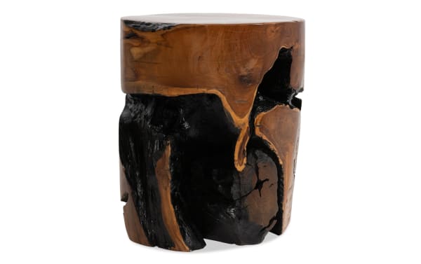 Mojave 14'' Brown Teak Solid Wood Tree Stump Stool with rustic, natural teakwood finish, organic shape, and charred black accents for versatile home decor.