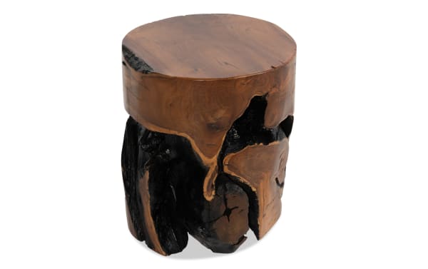 Mojave 14'' brown teak solid wood tree stump stool with rustic, organic design, natural grain, and charred black accents for versatile home use.