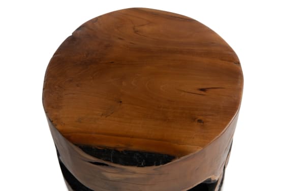 Rustic Mojave 14'' brown teak solid wood tree stump stool with natural grain and charred edge, ideal as plant stand or footrest.