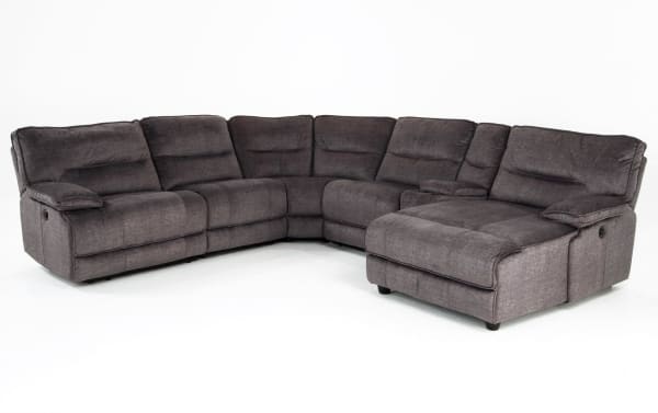 Gray Pacifica 130'' transitional 6-piece right arm facing chaise sectional sofa with power reclining fabric polyester upholstery, USB ports, and memory foam cushions.