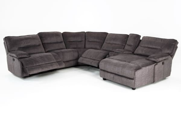 Pacifica Gray 130'' Power Reclining 6 Piece Right Arm Facing Chaise Sectional in gray polyester fabric, transitional style with USB ports and memory foam cushions.