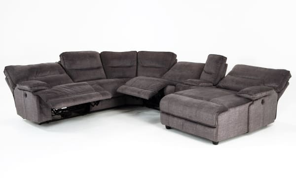 Pacifica Gray 130'' 6-piece right arm facing power reclining sectional with chaise, gray polyester fabric, USB ports, cup holders, transitional style.