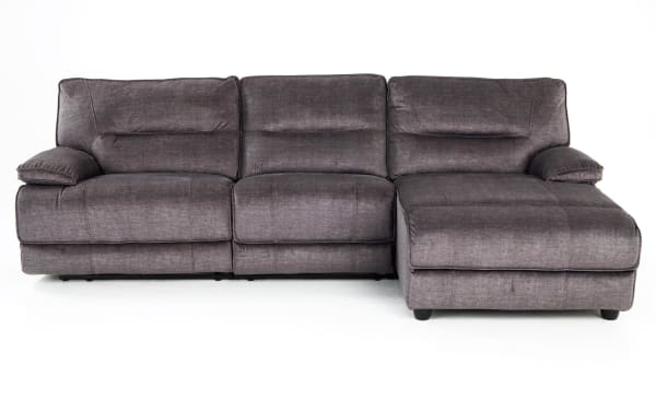 Pacifica Gray 114'' transitional 3-piece power reclining sectional with right arm chaise, armless recliner, gray polyester fabric, USB ports.