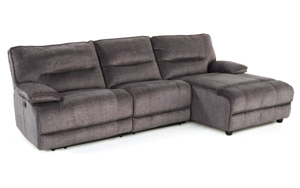 Gray Pacifica 114'' transitional 3-piece sectional with right-arm chaise, fabric polyester upholstery, power reclining seats, and built-in USB ports.