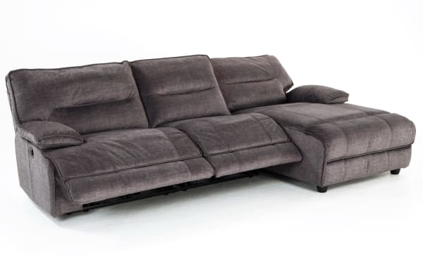 Gray Pacifica transitional 114" fabric polyester sectional with power reclining armless chair, right arm chaise, memory foam cushions, and USB ports.