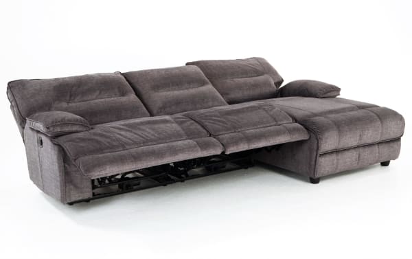 Pacifica Gray 114'' transitional 3-piece fabric sectional with right arm chaise, power reclining armless seat, USB ports, and plush microfiber upholstery.