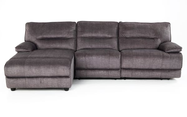 Pacifica Gray 114'' power reclining 3-piece sectional with left arm chaise, armless recliner, gray polyester fabric, transitional style, USB ports.
