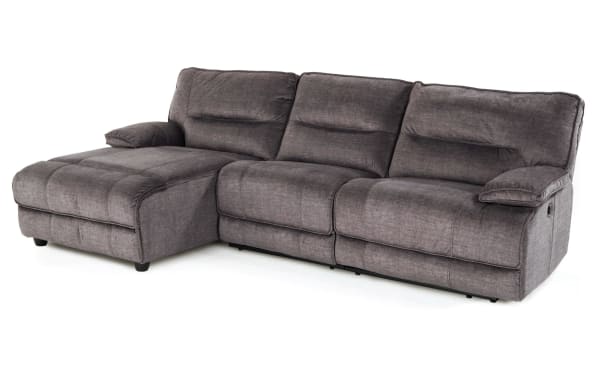 Gray Pacifica 114'' transitional 3-piece power reclining sectional with left arm chaise, armless recliner, polyester fabric, memory foam cushions, and USB ports.