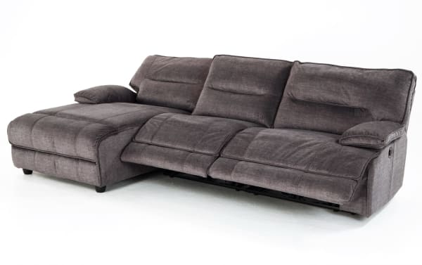 Pacifica Gray 114'' power reclining 3-piece sectional with left arm chaise, armless recliner, gray polyester fabric, transitional style, USB ports.