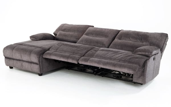 Pacifica Gray 114'' transitional 3-piece left arm facing chaise sectional with armless power recliner, gray polyester fabric, USB charging ports, and memory foam cushions.