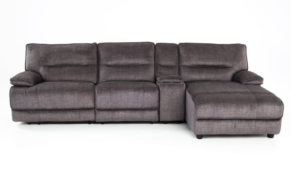 Pacifica Gray 127'' transitional 4-piece fabric sectional with right arm chaise, power recliners, USB ports, cup holders, and plush polyester upholstery.