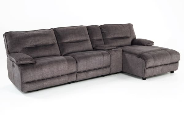 Pacifica Gray 127'' transitional 4-piece fabric sectional with right arm chaise, power reclining seats, USB ports, and cup holders in gray polyester.