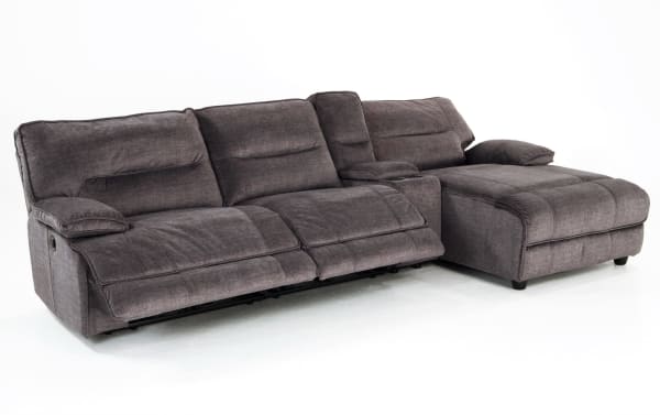 Pacifica Gray 127" transitional 4-piece right arm facing chaise sectional with gray polyester fabric, power recliners, USB ports, and cup holders.
