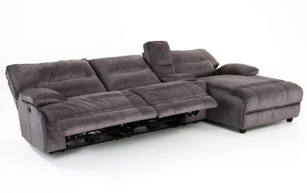 Pacifica Gray 127" transitional 4-piece fabric sectional with right arm chaise, power reclining armless seats, USB ports, and plush microfiber cushions.
