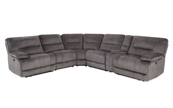 Pacifica Gray 130" 6-piece power reclining sectional in gray polyester fabric with USB ports, cup holders, and chaise for ultimate comfort.