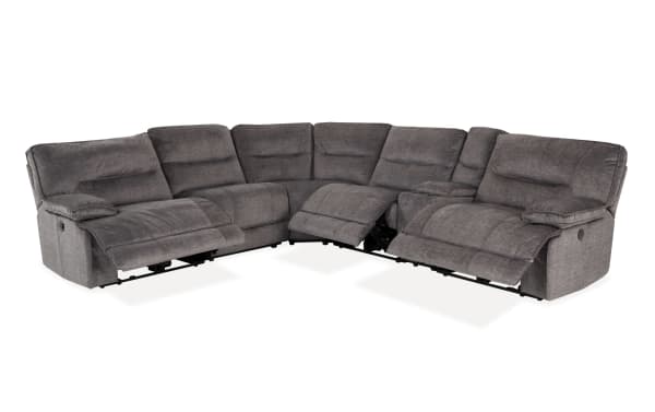 Pacifica Gray 130'' 6-piece transitional sectional sofa with power reclining fabric polyester upholstery, USB ports, cup holders, and chaise lounge.