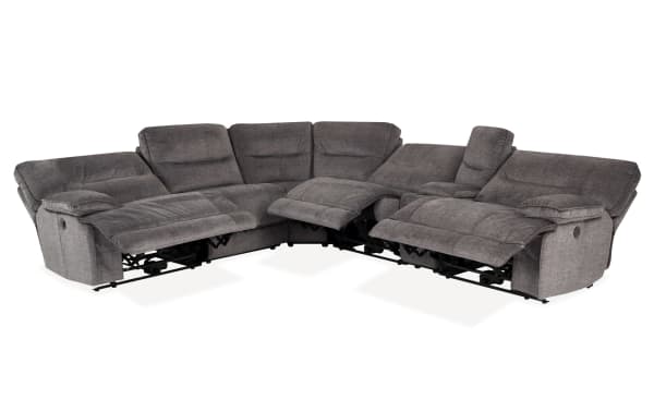 Pacifica Gray 130'' 6-piece power reclining sectional in gray polyester fabric with USB ports, cup holders, and chaise, transitional style.