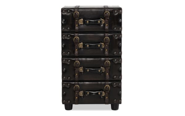 Harvey Brown 4 Drawer Chest in brown faux leather and wood, cottage style with stacked suitcase design and buckle accents for vintage travel decor.