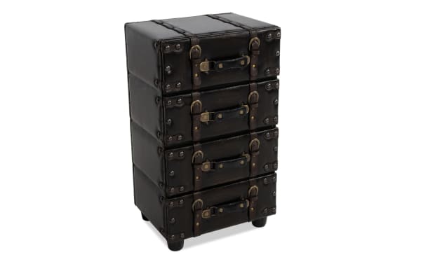 Harvey Brown 4 Drawer Chest in brown faux leather and wood, cottage style with stacked suitcase design, metal buckles, and rivets.