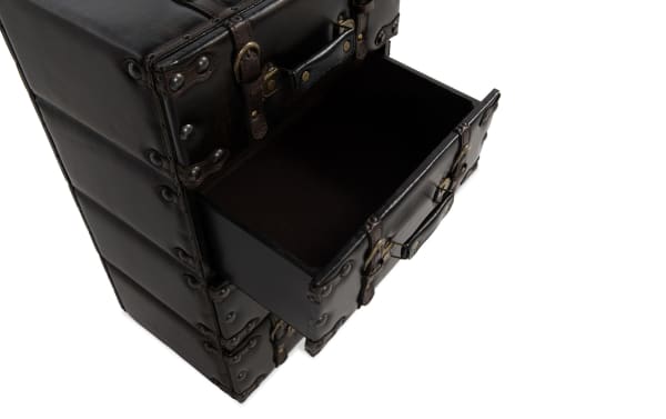 Harvey Brown 4 Drawer Chest in brown faux leather and wood, cottage style with stacked suitcase design and metal buckle accents.