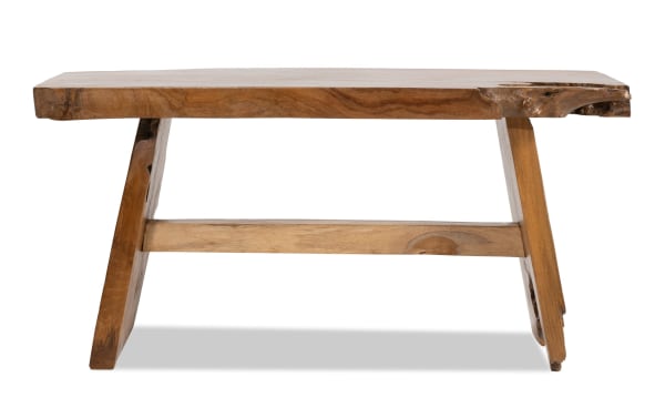 Rustic Arcadia Natural solid teakwood coffee table with thick live edge slab top and angled legs, perfect for a natural home centerpiece.