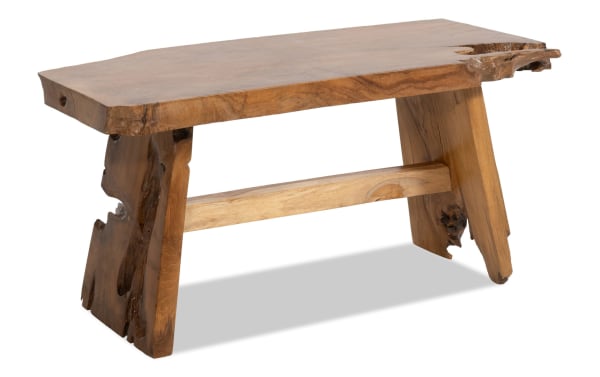 Rustic Arcadia Natural solid teakwood coffee table with a thick live edge top and organic textured legs, perfect for a natural home centerpiece.