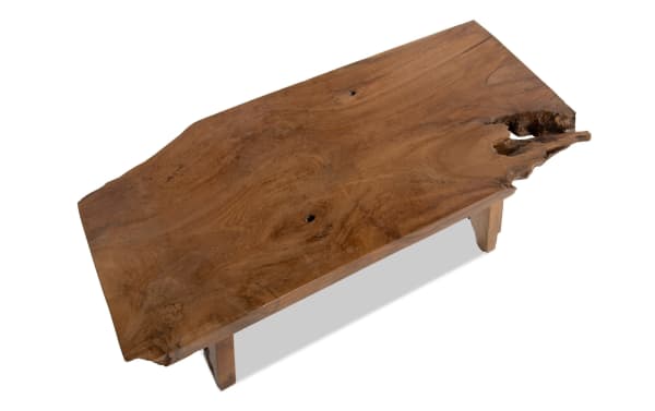 Rustic Arcadia Natural solid teakwood coffee table with organic live edge design and natural wood grain, perfect for a warm home centerpiece.