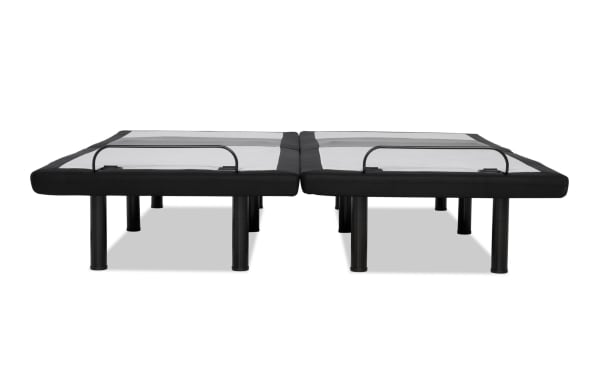 Power Bob Ultra Split King Adjustable Base in black fabric with metal legs, featuring split design for independent head and foot adjustment.