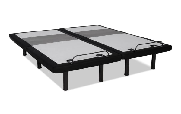 Power Bob Ultra Split King Adjustable Base in black and gray fabric with metal frame, featuring split design and support bars for adjustable head and foot positions.