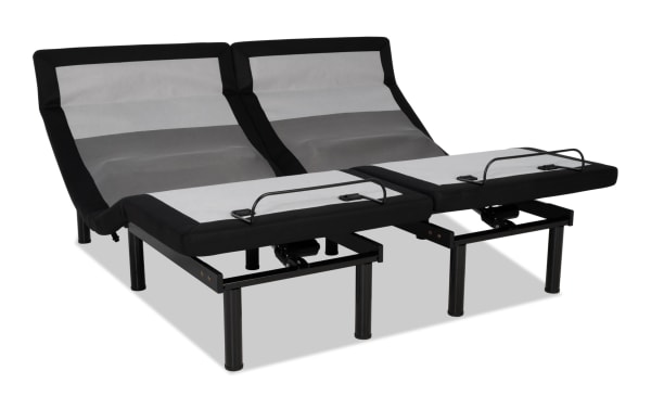 Power Bob Ultra Split King Adjustable Base in black and gray fabric with adjustable head and foot sections, built-in massager, Bluetooth speakers, USB and USB-C ports, and motion-activated under-bed lighting for customizable comfort and support.