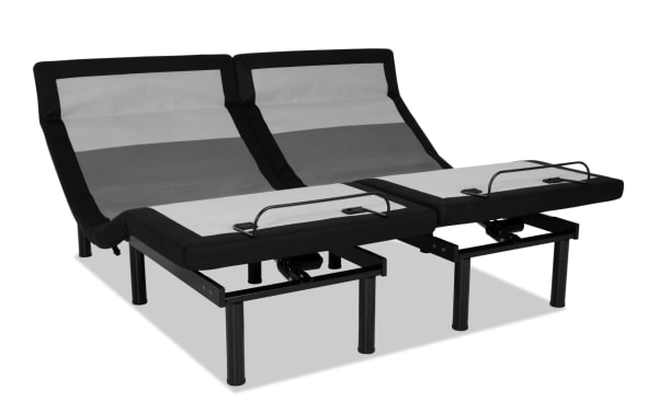 Power Bob Ultra Split King Adjustable Base in black and gray fabric with adjustable head, foot, lumbar support, massager, Bluetooth speakers, USB/USB-C ports, and motion-activated under-bed lighting for customizable comfort and relaxation.