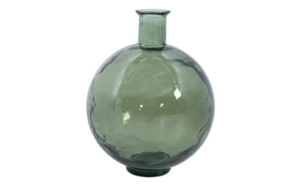 17'' round green glass vase with a transitional style, featuring a smooth, spherical body and narrow neck, ideal for seasonal floral displays.