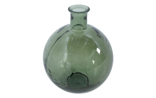 17'' round green glass vase with a transitional style, featuring a smooth spherical body and narrow neck, ideal for seasonal stems display.