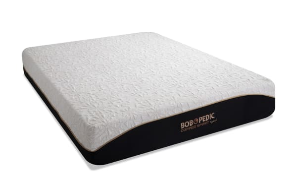 BOB-O-PEDIC Copper Sport Hybrid 11.5'' King Plush Mattress with white textured cover, black sides, and copper trim, temperature-regulating copper threads.