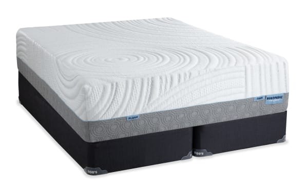 Twilight 15.5'' California King Dual Split Standard Mattress Set by Bob's, plush and firm foam layers with ventilated white quilted cover and gray base, featuring Bob-O-Pedic Gel Memory Foam with Charcoal for cooling and zoned support.