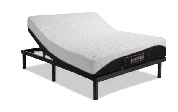 Power Bob Essential Base with Copper Sport Hybrid 11.5'' Queen Firm Mattress featuring adjustable black metal base and white textured copper-infused memory foam mattress from Bob-O-Pedic Copper Sport collection.