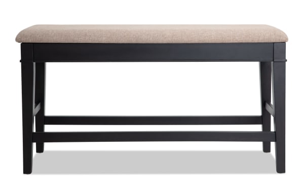 Rustic Montana Dining collection counter height storage bench with beige polyester fabric upholstery, wood frame, and memory foam seat cushion.