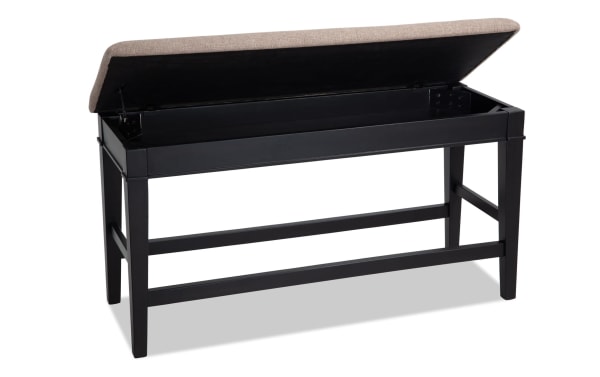 Montana Black & Beige Upholstered Counter Height Storage Dining Bench with polyester fabric seat, wood frame, rustic style, and memory foam cushion.