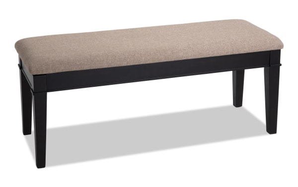 Montana Dining rustic storage bench with beige polyester fabric upholstery, black MDF frame, and memory foam seat for comfortable dining seating.