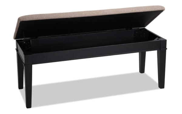 Montana Black & Beige Upholstered Storage Dining Bench with polyester fabric, MDF frame, memory foam seat, rustic style, beige color.
