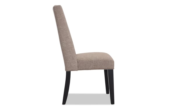 Montana Black & Beige Solid Back Upholstered Dining Chair with beige polyester fabric, memory foam seat, rustic style, and black MDF legs.