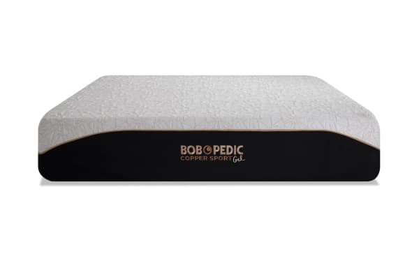 Power Bob Essential Base with Copper Sport Gel 11.5'' Split King Firm Mattress featuring white patterned top, black base, and copper-colored "BOB-O-PEDIC COPPER SPORT Gel" logo, designed for temperature regulation and pressure relief with copper gel memory foam.