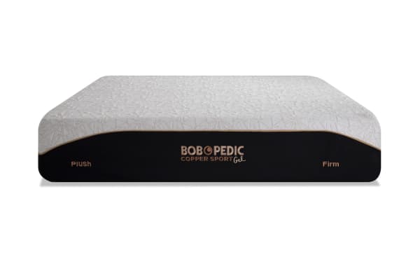 Power Bob Essential Base Queen Dual Mattress from Copper Sport collection, featuring copper gel memory foam, plush and firm sides, white patterned top with black base.