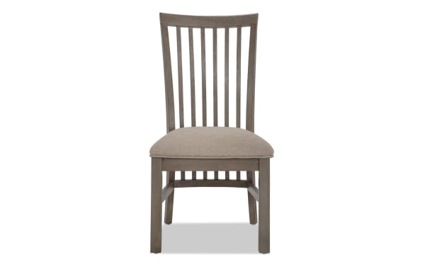 Artisan Beige & Gray Slat Back Upholstered Dining Chair with beige polyester fabric seat, gray oak veneer frame, and vertical slat back in transitional style.